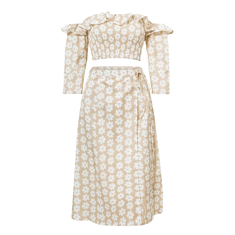 

Sollinarry Floral Print 2 Pieces Dress Siuts Summer Women Ruffle Beach Off Shoulder Long Dresses High Split Female Maxi Dresses