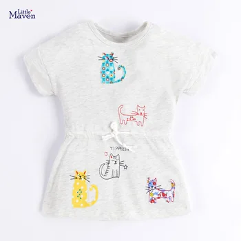 

Little Maven New Summer Kids Gray Animals Embroidery Applique O-neck Girls 2-7yrs Short-Sleeved Button Cotton Knitted Dresses