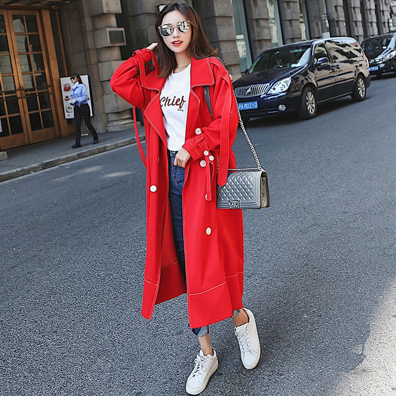 new Fashion Fall /Autumn Casual Double breasted Simple Classic Long Trench coat red black Chic Female windbreaker FY32