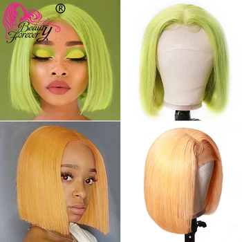 

Beauty Forever Bob Lace Front Wig Human Hair 13X4 Pre Plucked Brazilian Remy Green Orange Colored Short Bob Wigs 150% Density