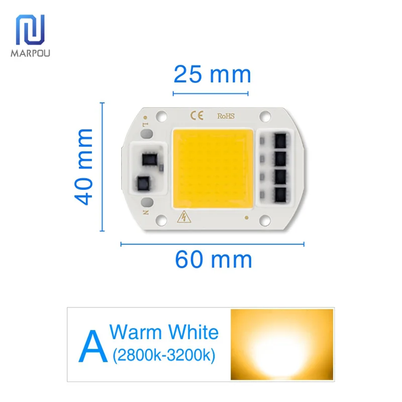 A- Warm White Светодиодный светильник с регулируемой яркостью, COB, чип-объектив, абажур, отражатель, светильник для выращивания, полный спектр, Smart IC 50 Вт, 30 Вт, 20 Вт, AC 220 В, светодиодный светильник с бусинами, сделай сам - Испускаемый цвет: A- Warm White