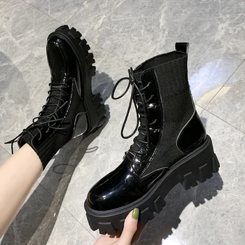 

height increasing stretch platform boots women patient leather punk shoes chunky black martin boots autumn winter women footwear