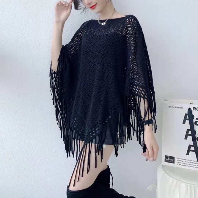 Spring Autumn New Pullover Cape Women Hollow flower Knitting Poncho Capes Batwing Sleeves Shawls Sunscreen Solid Cloak Black women knitting poncho capes autumn new female fashion bohemian poncho cloak tassel winter clothing cardigan scarf tibet gray