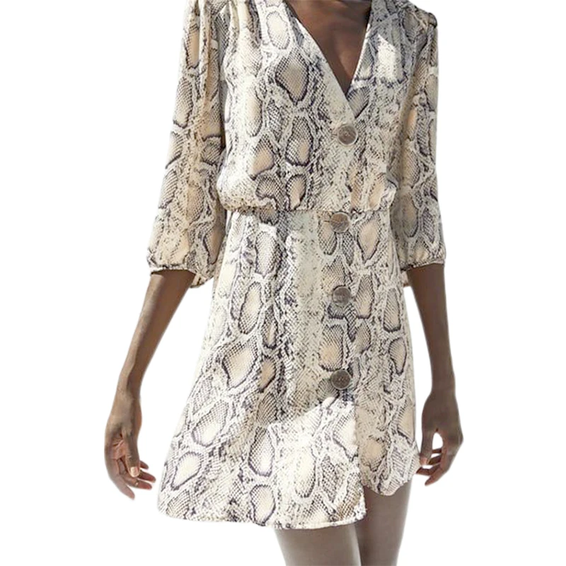 Women Summer Dress Sexy V Neck Button Snake Print Party Dresses Vintage Half Sleeve Mini Dress Snakeskin Dress Vestidos - Цвет: Beige