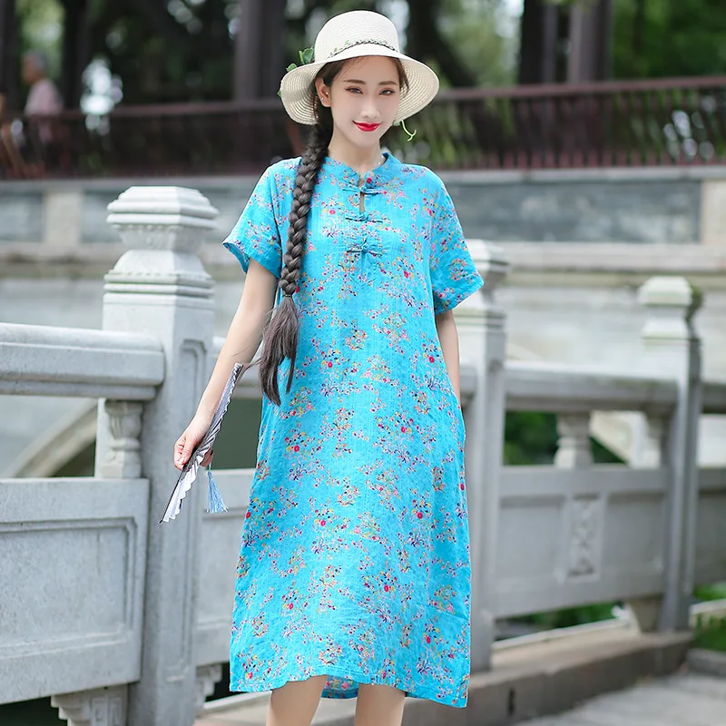 

2019 Summer New Style Retro Printed Large Size Dress Mid-length Chinese-style Cotton Linen Thin Short-sleeve Dress Women's