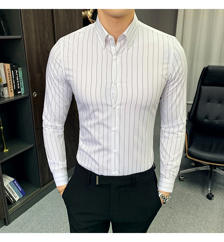 Camisa De Hombre Elegante полосатая белая рубашка с длинными рукавами Мужская офисная рубашка рубашки соцовый бизнес мужские рабочие рубашки черное качество