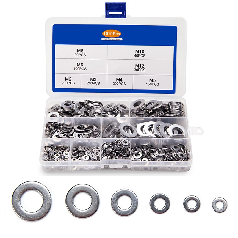 

1010pcs Washer Set M2 M3 M4 M5 M6 M8 M10 M12 Stainless Steel Washer Flat Washers Ring Plain Washer Gaskets Assortment Kit GB97