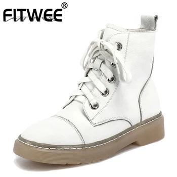 

FITWEE Genuine Leather Women Ankle Boots Zipper Cross Strap Flats Winter Shoes Woman Warm Fur Office Lady Footwear Size 34-40