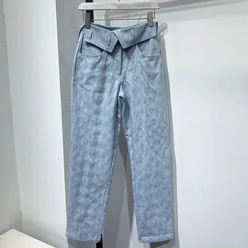 

Diamond Lattice Denim Jeans Pants Women or Men Chic Casual Fashion Runway High-end Brand Blue Cotton Pants 2020 Spring New Pants