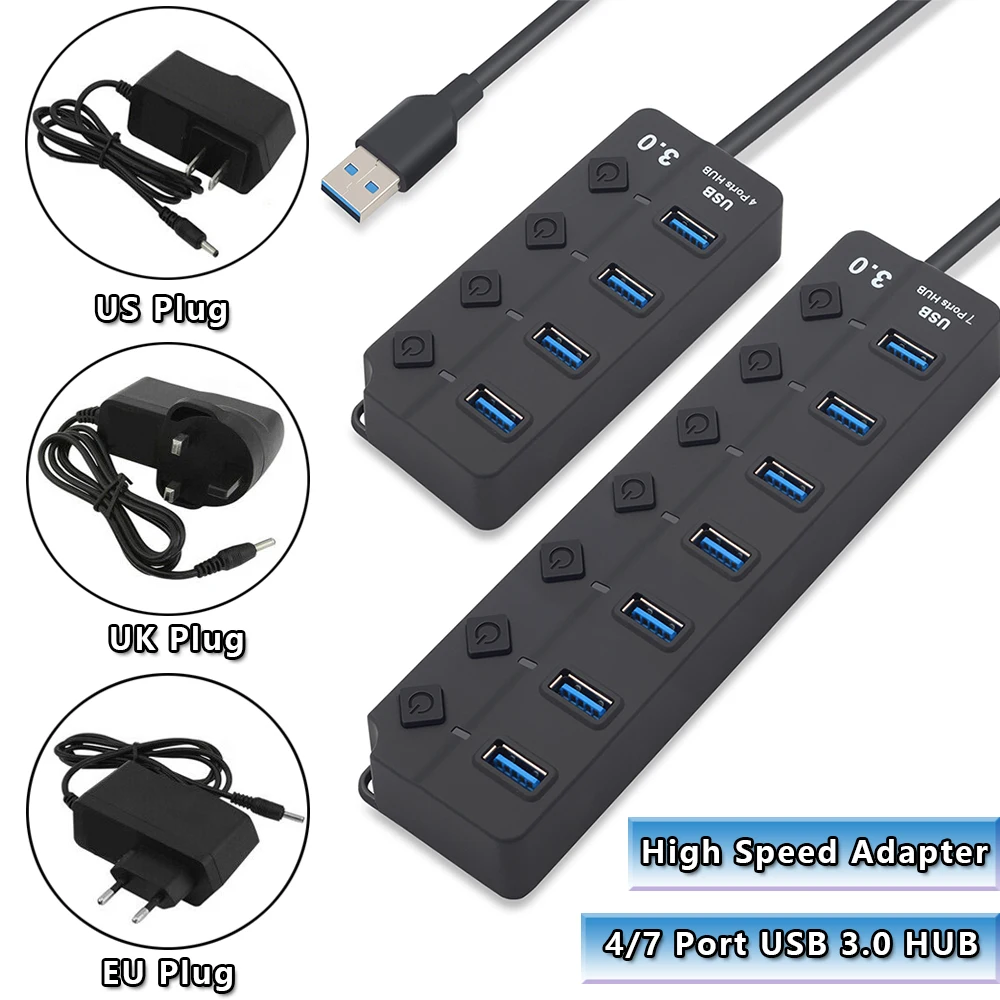 

USB HUB 3.0 HUB USB Splitter USB 3.0 4/ 7 Port Multi Port HUB With EU US UK Power Adapter For Laptop Pc Computer Accessories D30