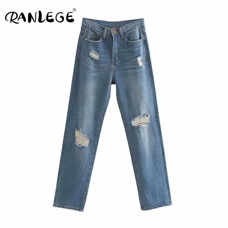 RANLEGE Ripped Jeans Pants For Women High Waist Streetwear Cowboy Trousers Loose Casual Long Ladies Bottoms Jean Femme | Женская одежда
