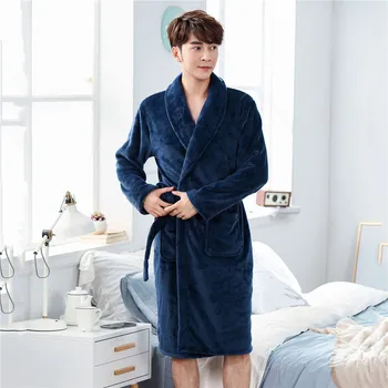 

Soft Winter Kimono Bathrobe Gown Nightwear Flannel Pocket Sleepwear Negligee Coral Fleece Men Home Clothing Intimate Lingerie