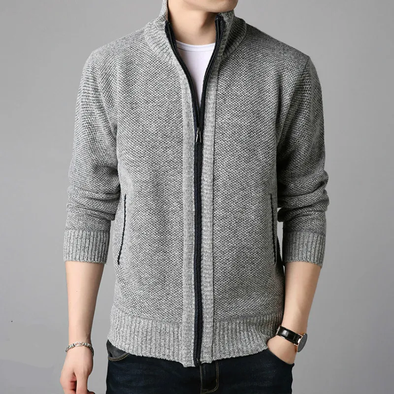 Suéter de lana con bolsillos laterales para hombre, cárdigan de punto de manga larga con cremallera completa, ropa informal cálida de moda para Otoño e Invierno