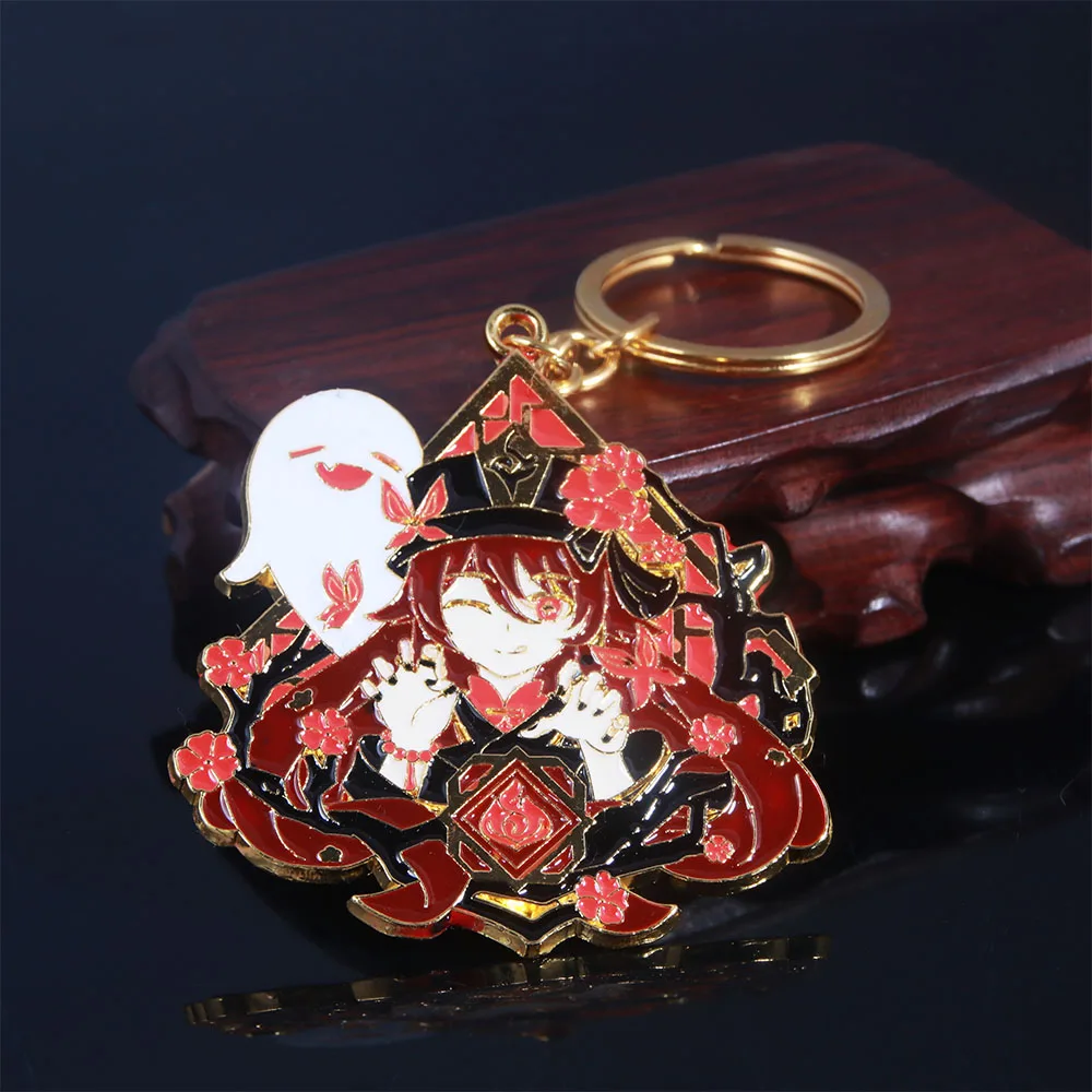 Hot Game Keychain Genshin Impact Cartoon Kaedehara Kazuha Zhongli HuTao Metal Enamel Badge Keychain for Backpack Decoration