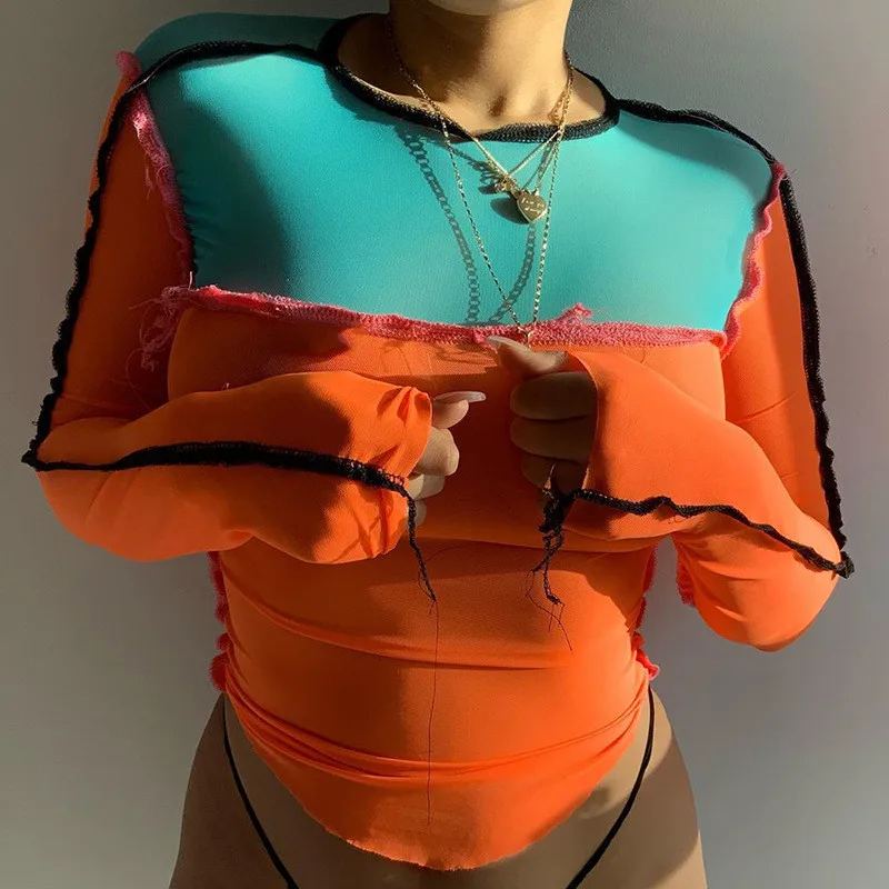 

Women Sexy Long Sleeve T-Shirts 2020 New Stylish Color Contrast Mesh Stitching Round Neck Crop Tops Club Streetwear