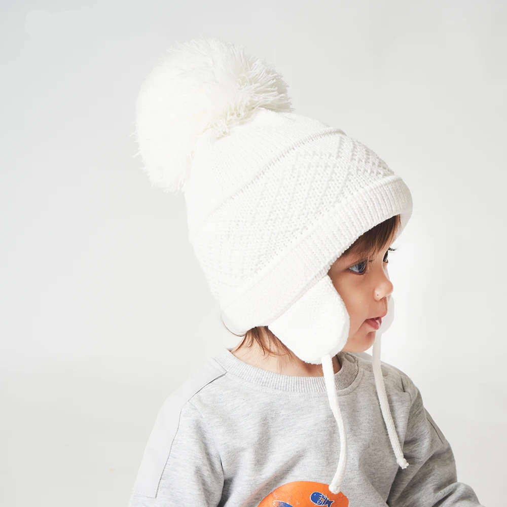 

Winter Kids Hat Big Pompom Cartoon Cotton Knit Baby Beanie Hats for Boys and Girls with Fleece Lining Bomber Caps for Children