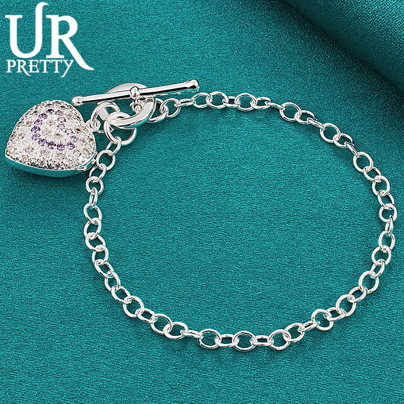 

URPRETTY 925 Sterling Silver Solid Heart Love Zircon Chain Bracelet For Women Wedding Engagement Party Charm Jewelry