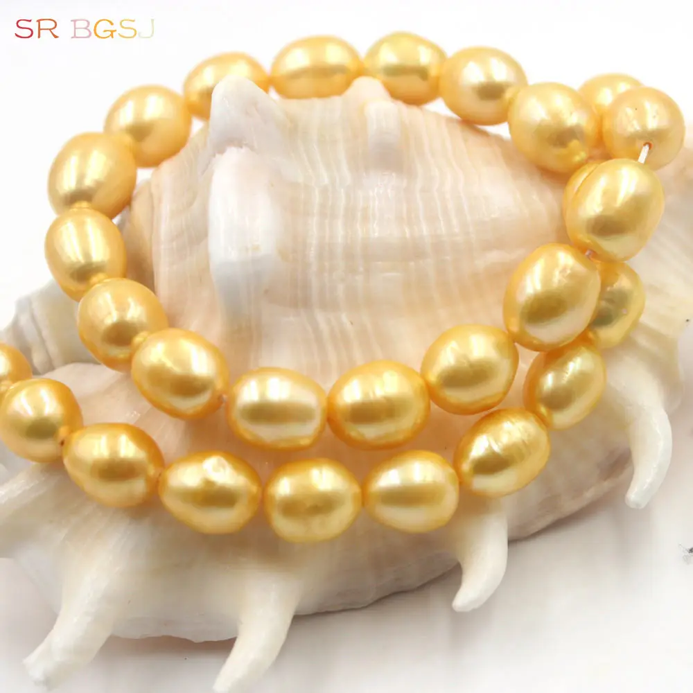 Free Shipping 10x12mm Olivary Shape Nearly Natural Freshwater Gold Yellow Pearl Jewelry Beads Strand 15'' | Украшения и