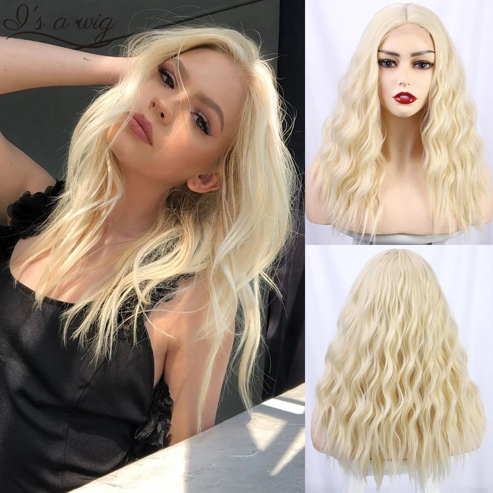 Short Water Wave Synthetic Wigs Blonde Wig Women Middle Part Natural