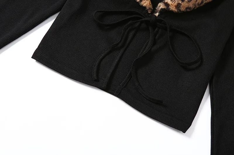 ArtSu Осень Зима Черные трикотажные леопардовые Короткие топы женские тонкие мягкие футболки офисные женские повседневные Элегантные футболки Femme ASTS21351