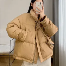 

FOR Ailegogo Winter Women Thick Warm Stand Collar 90% White Duck Down Short Coat with Bag Casual Female Loose Down Jacket