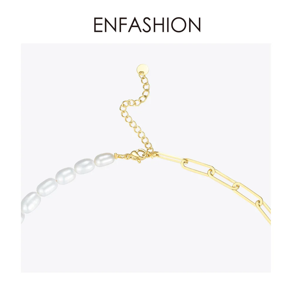 ENFASHION Natural Pearl Link Chain Choker Necklace Women Gold Color Stainless Steel Lady Necklace Fashion Femme Jewelry P193051