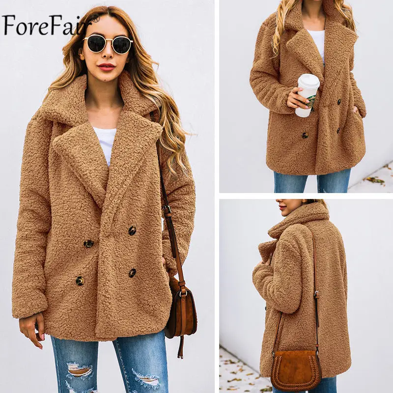 Forefair меховое пальто из искусственного меха 3XL Карманный Женский Зимний офисный плюшевый розовый пуговица плюшевый оверсайз пальто куртка