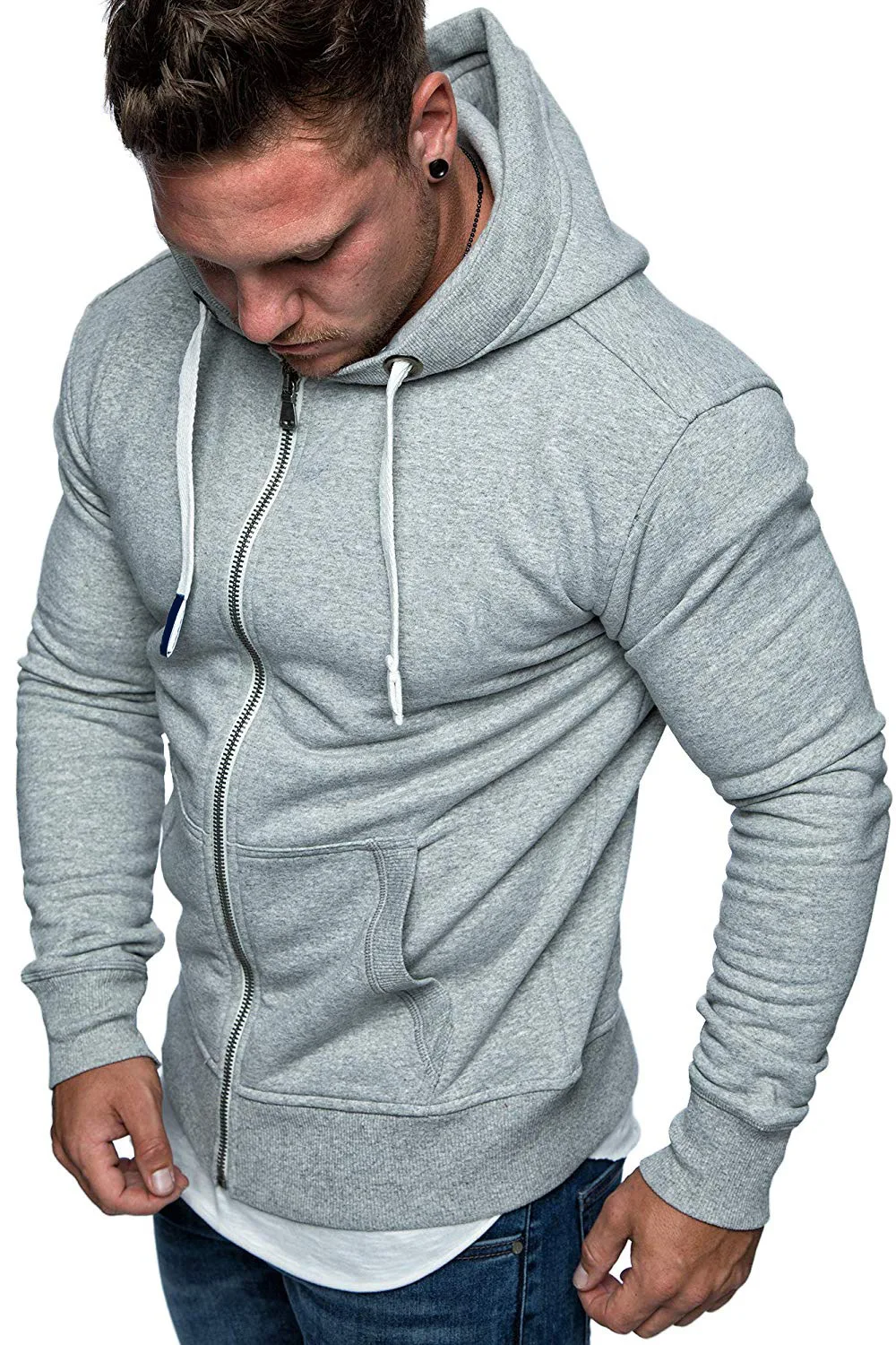 light grey SHUJIN, зимние мужские повседневные толстовки на молнии, Приталенная толстовка с капюшоном, верхняя одежда, мужское однотонное теплое пальто, куртки, наряды - Цвет: light grey