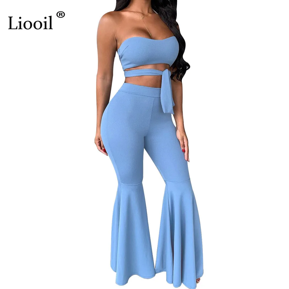 

Liooil Bodycon Two Piece Set Women Club Outfits 2019 Lace-Up Strapless Sexy Tank Top And Long Flare Pants Tights Set For Woman