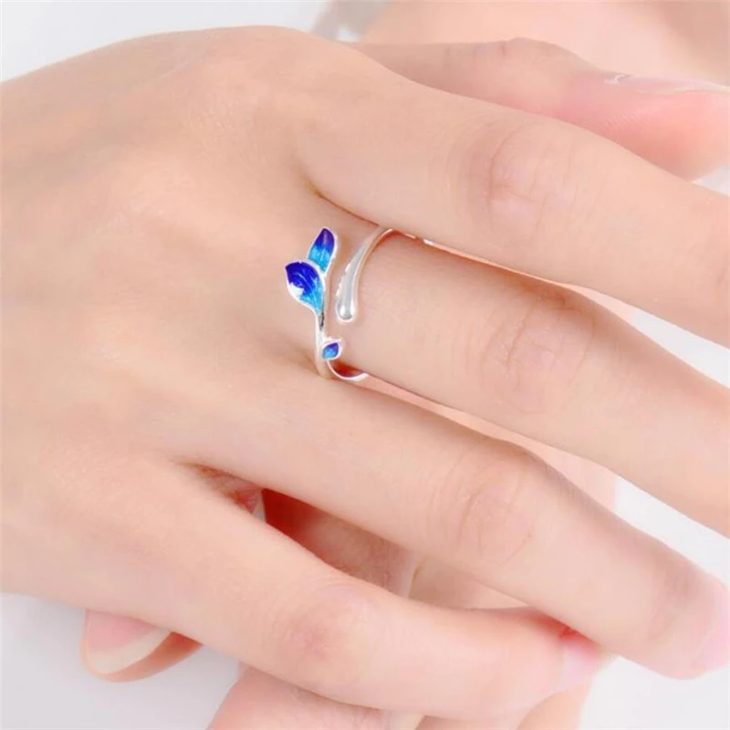 Silver Rings Female Resizable Opening Leaves Branches Enamel