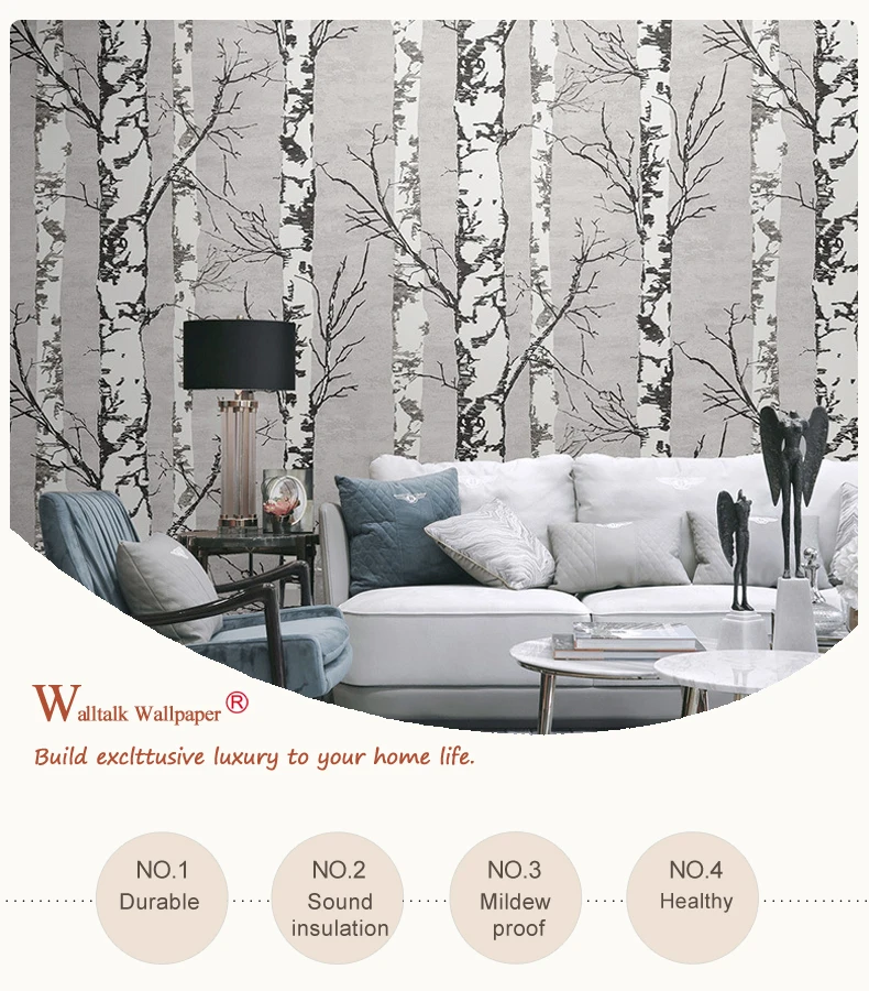Gray White Birch Tree 3D PVC Wallpaper for Cloth Shop Modern Nordic Design Coffee House Resturant Wall Paper Roll Forest Woods