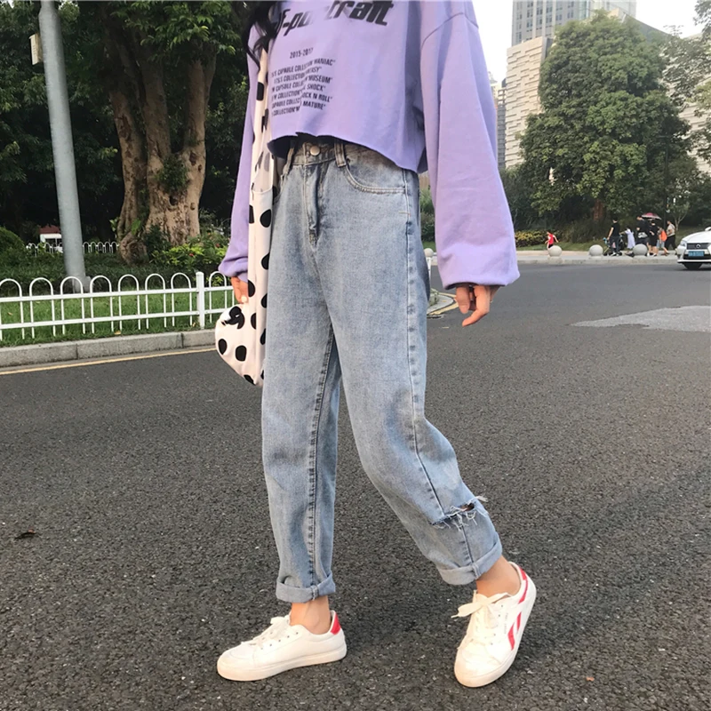 Джинсы женские свободные Harajuku отверстие прямые студенческие простые корейские стиль Универсальные карманы деним Длинные молнии женские брюки шик BF