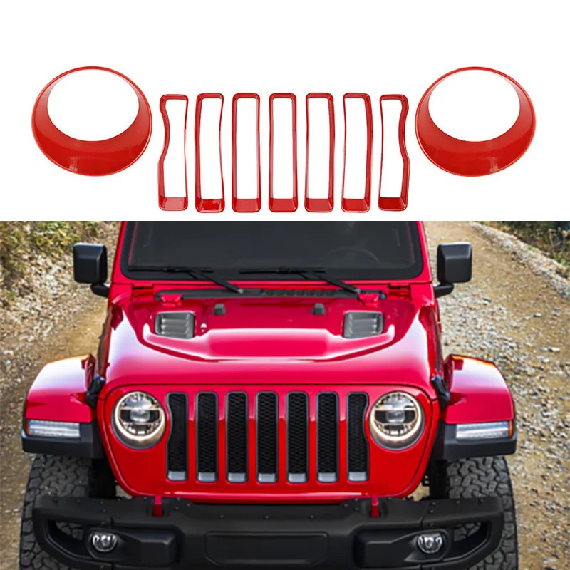 

9 шт., красная передняя решетка радиатора + передняя фара для Jeep Wrangler JL 2018 2019 2020