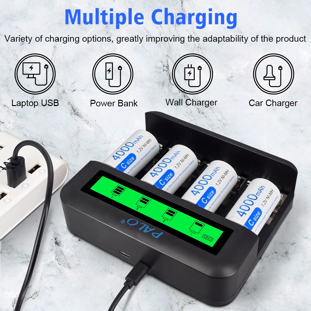 2-8pcs C Size LR14 Rechargeable Battery 4000mAh Type C Battery 1.2V NI-MH Rechargeable C Batteries for Flashlight Gas Cooker