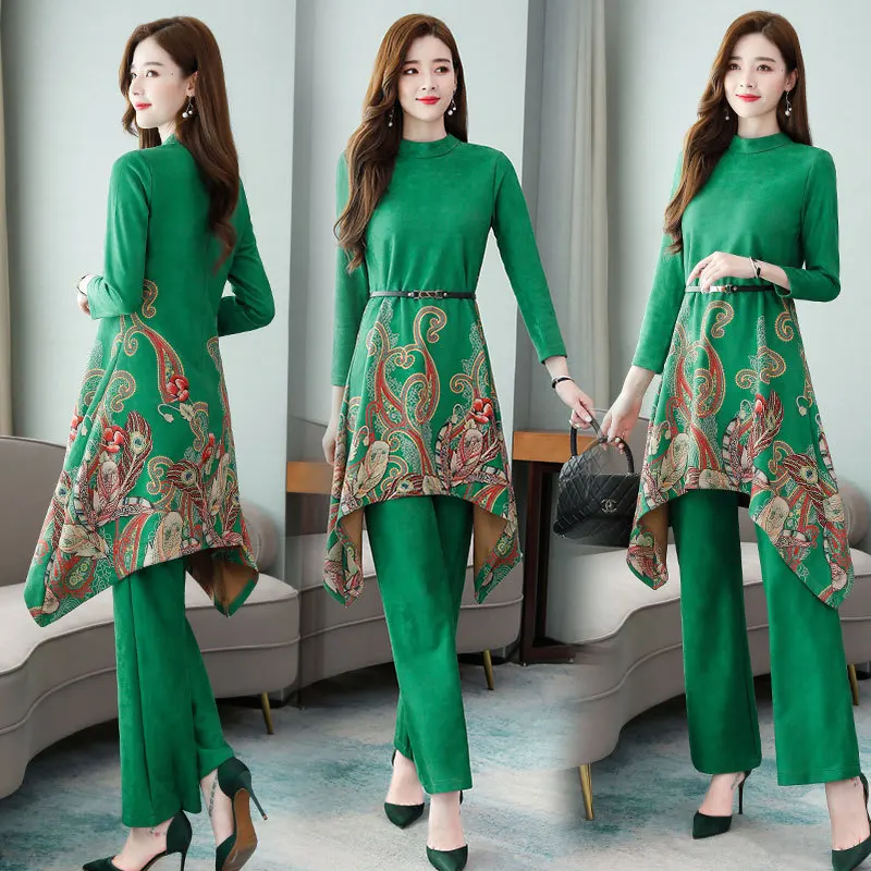 

Ethnic-Style Fashion WOMEN'S Suit Large Size Long Sleeve Retro Printed Pendant Sense Loose Pants Two-Piece 2019 Autumn And Winte