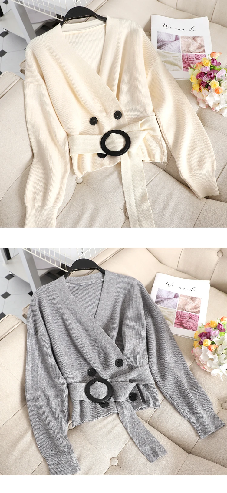 Autumn Women Sweater Korean New Fashion Grey/Beige/Khaki Cardigans With Belt Elegant Long Sleeve V-neck Knit Blouse Female