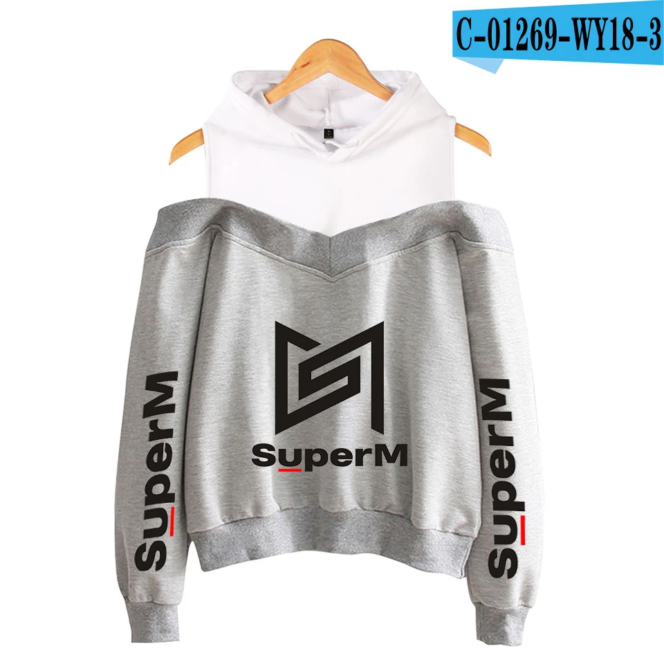 Модные SuperM корейские стильные аксессуары в стиле харакзюку Kpop, открытые плечи, толстовки с капюшоном и свитер для женщин, пуловер пикантные осенние ткань XS-2XL - Цвет: gray