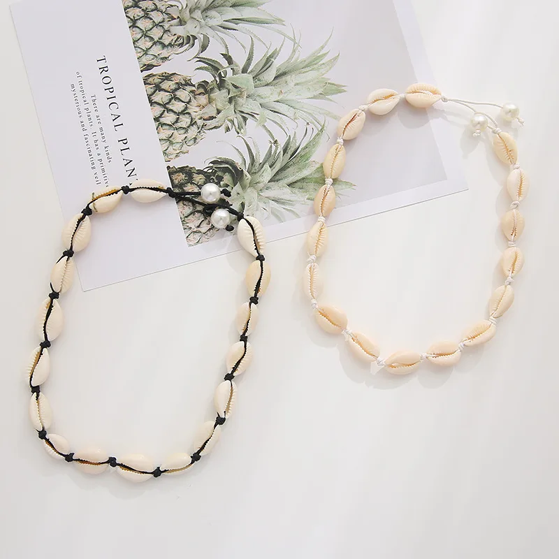 Черная веревка цепочка Puka Shell ожерелье браслет Набор Boho Seashell Каури Гавайи летний Воротник Колье женское пляжное ювелирное изделие подарок для девочки