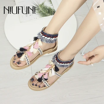 

Summer Clip Toe Bohemian Retro Tassel Flat Shoes Metal Decoration Women's Sandals Color Zipper Women Casual Shoes NIUFUNI 35-40