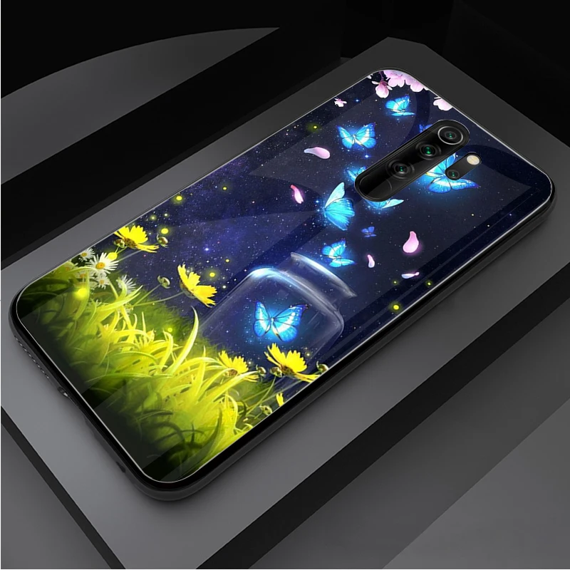 Butterfly Tempered Glass Phone Case For Redmi Note 5 6 7 8 9 Pro Note8T Note9S Pro Redmi7A 8 9 Cover Shell