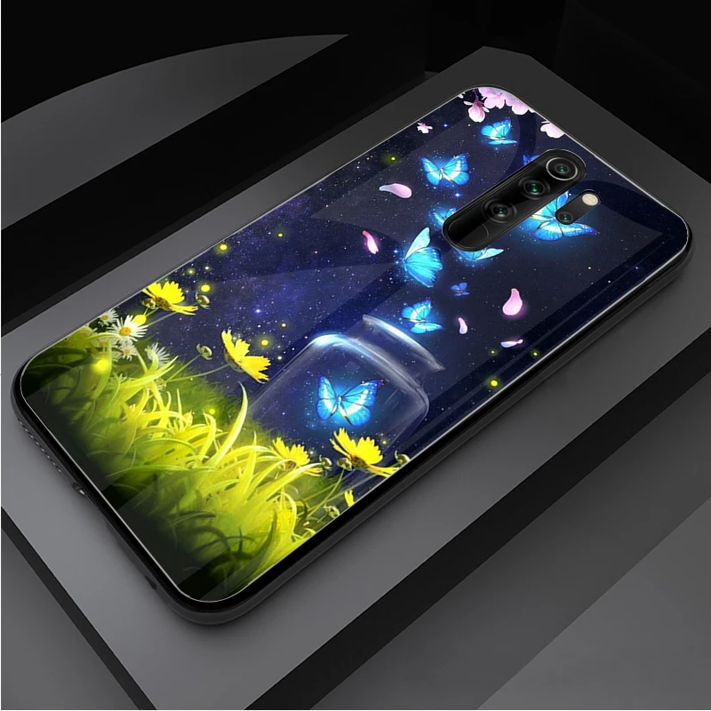 Butterfly Tempered Glass Phone Case For Redmi Note 5 6 7 8 9 Pro Note8T Note9S Pro Redmi7A 8 9 Cover Shell 