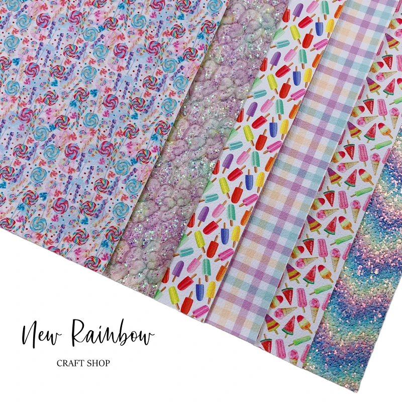 New Rainbow 30x22cm/A4 Candy Lollipop Ice Lolly Summer Bunle Vegan Leather &amp Glitter Fabric For DIY Crafts Babyhairbows Clips |