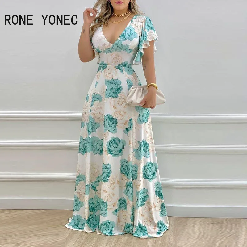 Vestido largo de gasa para mujer, elegante con escote en V profundo, estampado Floral, Mangas de mariposa, color blanco, ideal para vacaciones AliExpress Mobile