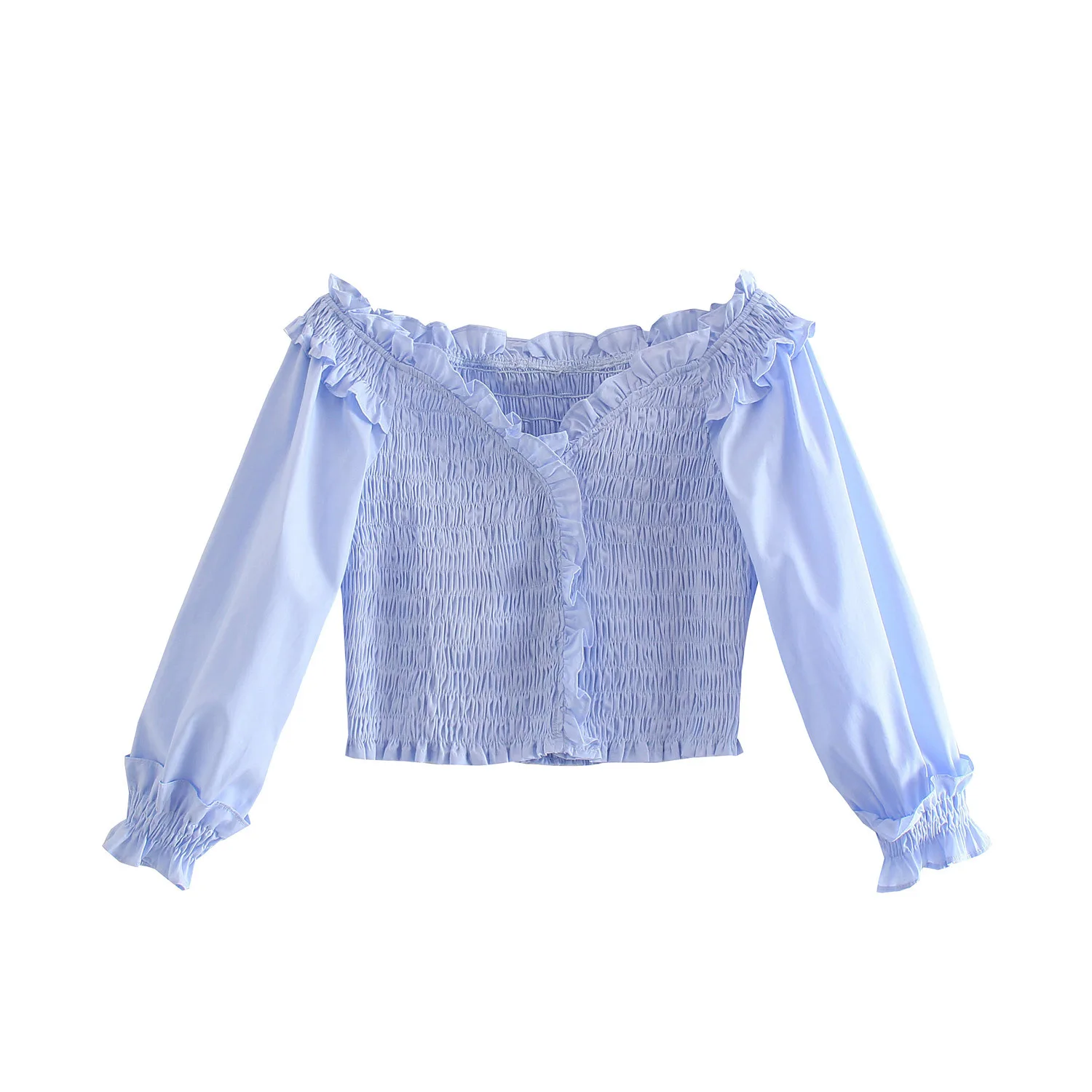 

Elasticated elasticated agaric hem v-neck short three-quarter sleeve shirt