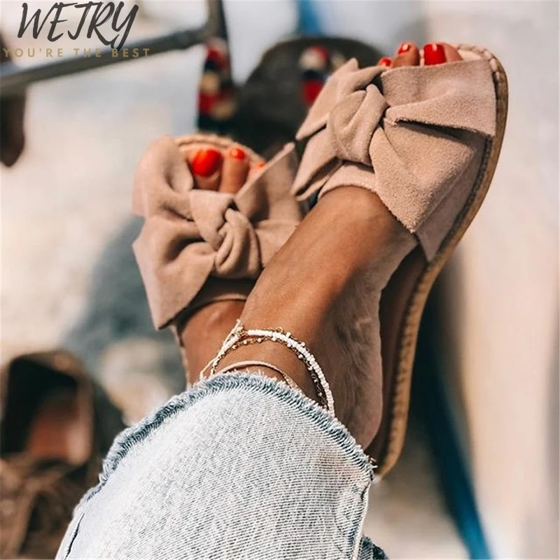 New Slippers Women Torridity Bow Torridity Sandals Slipper Indoor Outdoor-flops Beach Shoes Female Shoes size 35-43 - Цвет: Beige