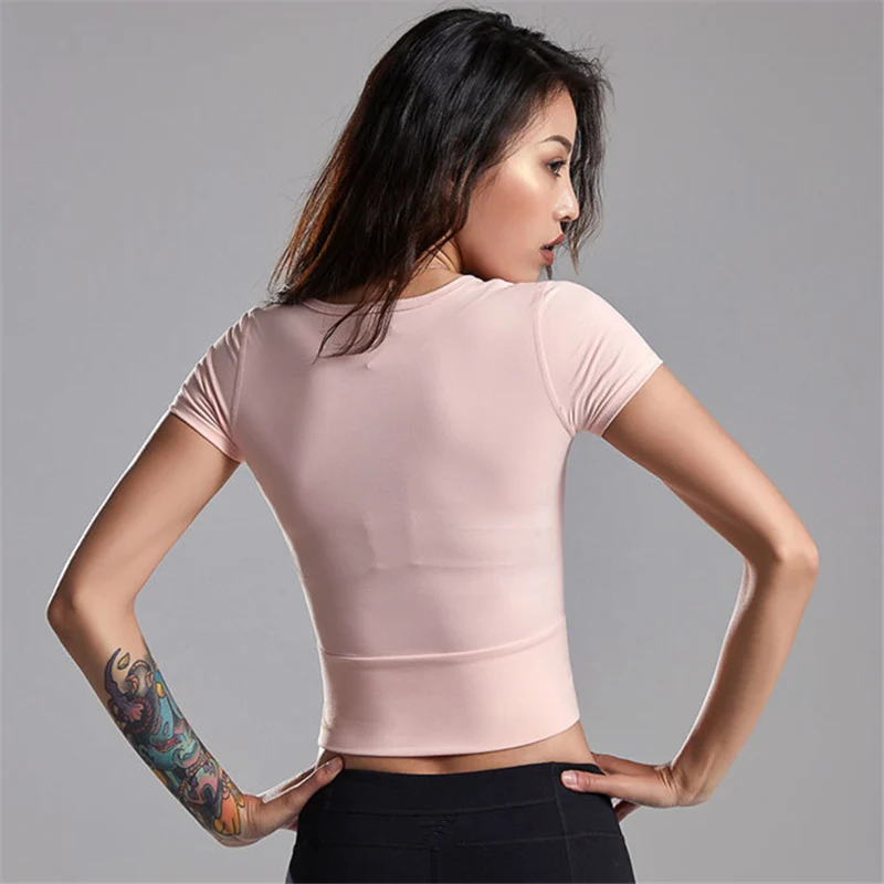 Oyoo на молнии спереди укороченный Топ для женщин slim fit белый обрезанный Йога Спортивная рубашка сексуальный для спортзала футболка розовые топы Спортивные для женщин