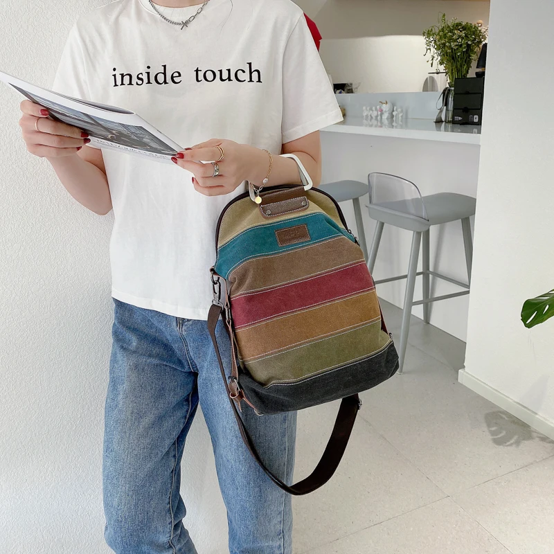 Manjianghong Canvas Striped Women Handbag Patchwork Rainbow Shoulder Bag Fashion Female Multi Functional Bag Sac a Main Backpack