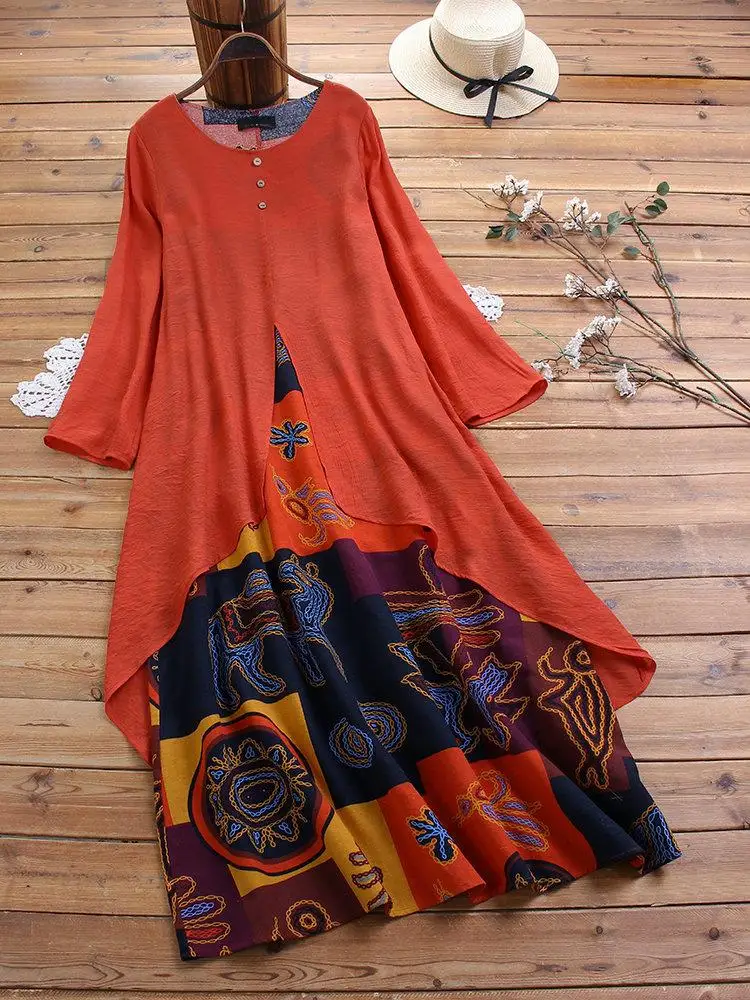 M-5XL Платье макси с цветочным принтом винтажное платье из хлопка и льна богемное платье большого размера женское платье свободного размера плюс весеннее летнее платье - Цвет: Orange
