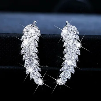

Female Summer Jewelry Dazzling Crystal Feather Earrings Anti Allergy Wedding Stud Earrings Bomemia Accessories For Women