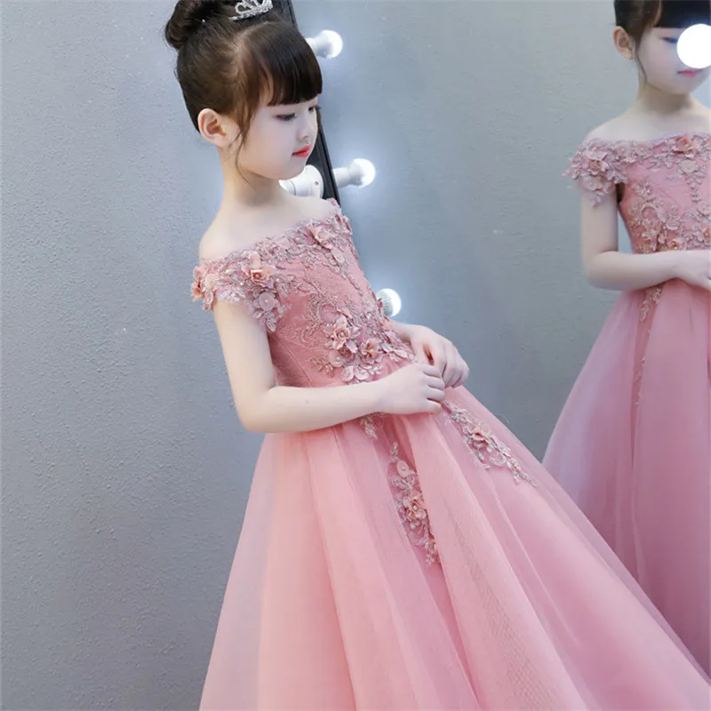 Длинное платье с цветочным узором для девочек, украшения бисером, свадебное платье для девочек, длинное бальное платье без Плеч